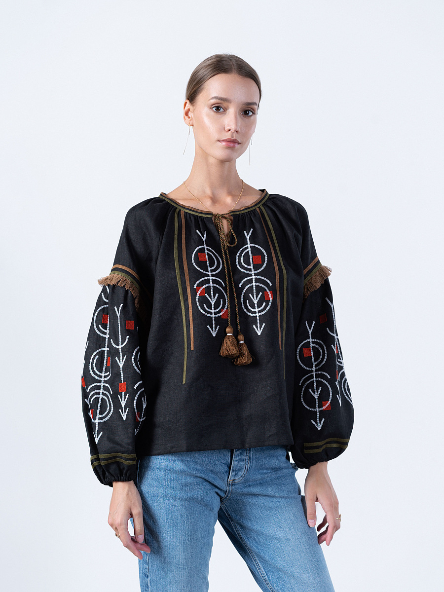 Linen embroidered shirt in black GEO [0]
