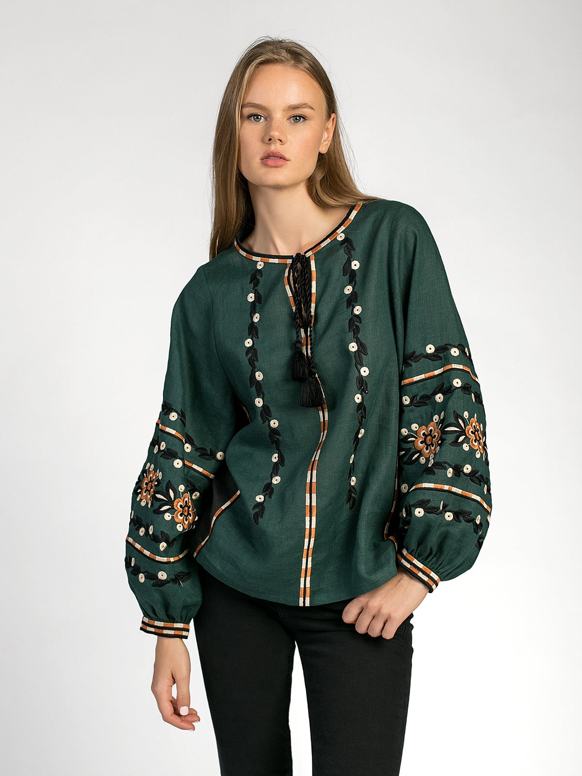 Embroidered shirt in dark-green linen Hvoya Buy