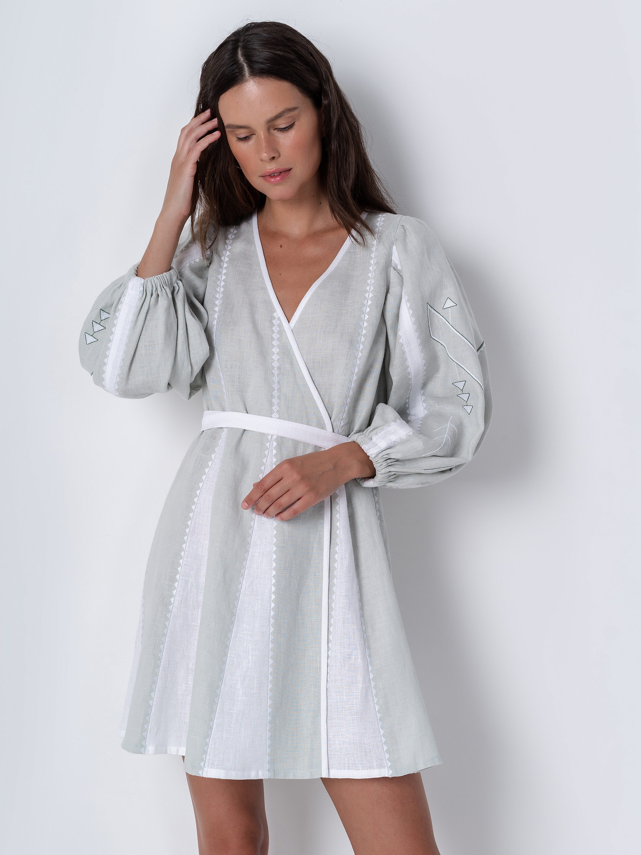Linen dress with geometric ornament Geometria Mint Buy
