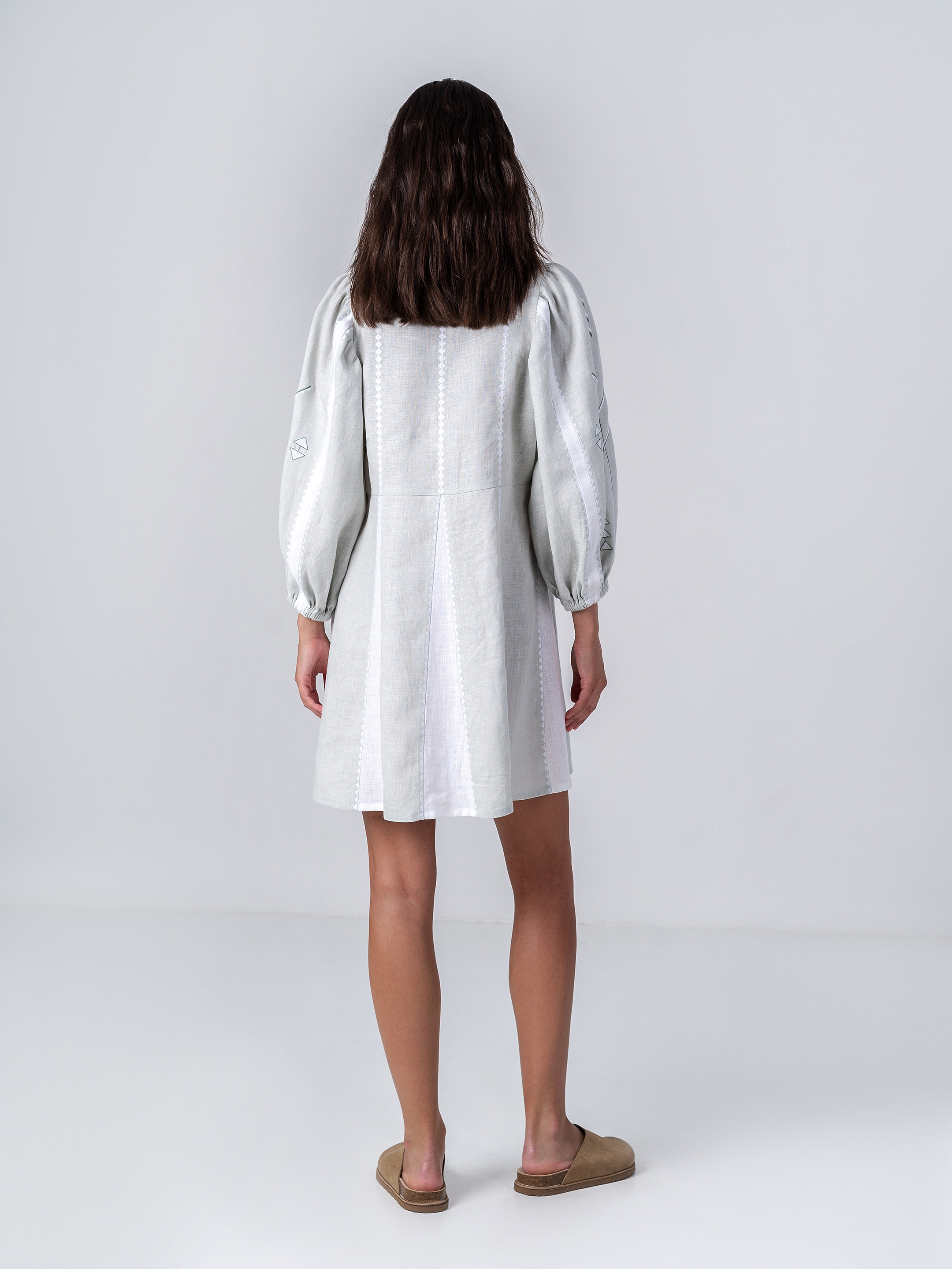 Linen dress with geometric ornament Geometria Mint ціна
