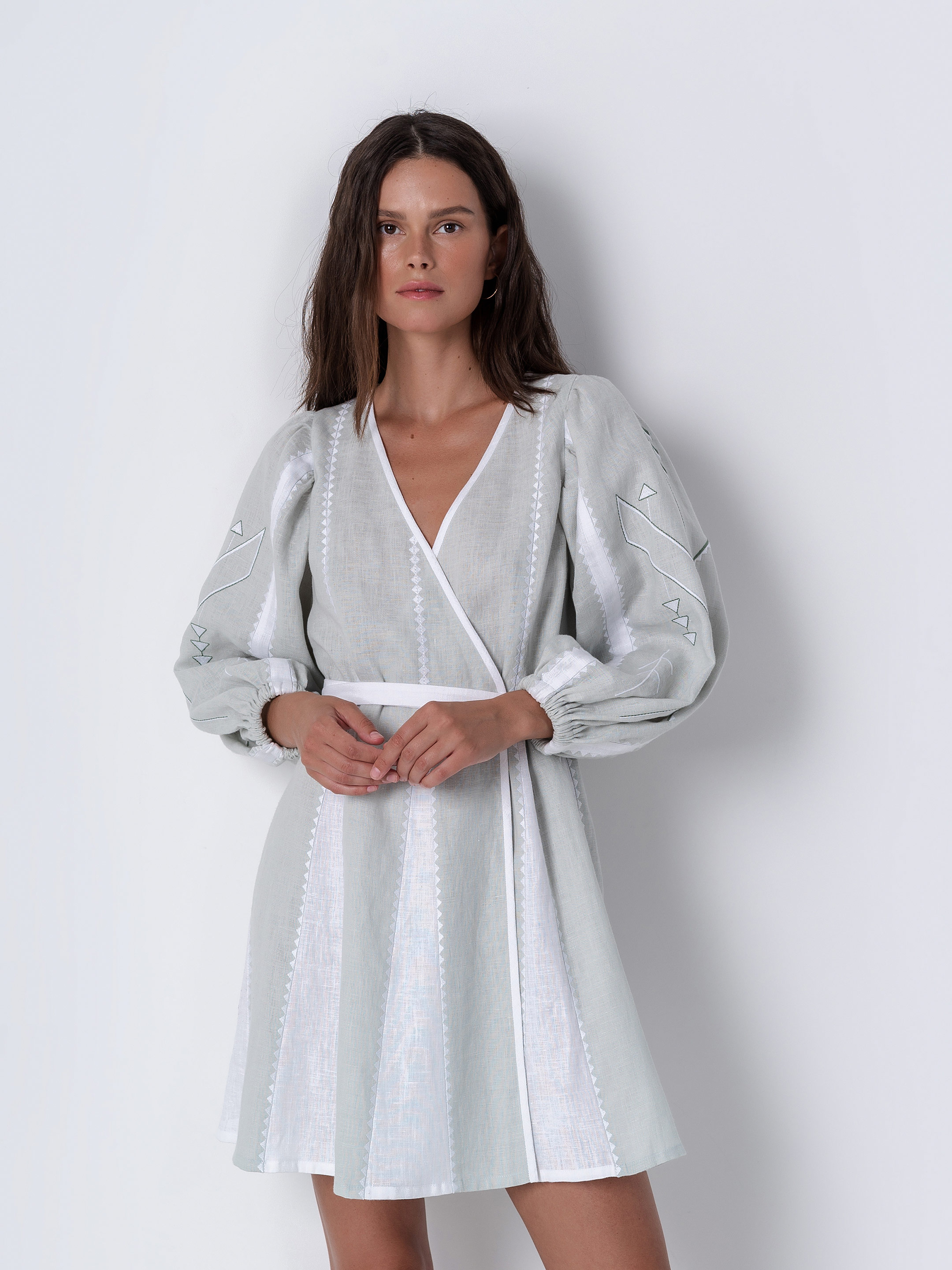 Linen dress with geometric ornament Geometria Mint choose