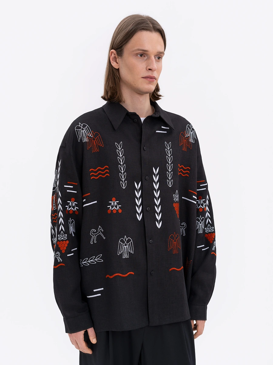 Beige linen embroidered shirt  MEN'S SLOVO — Black