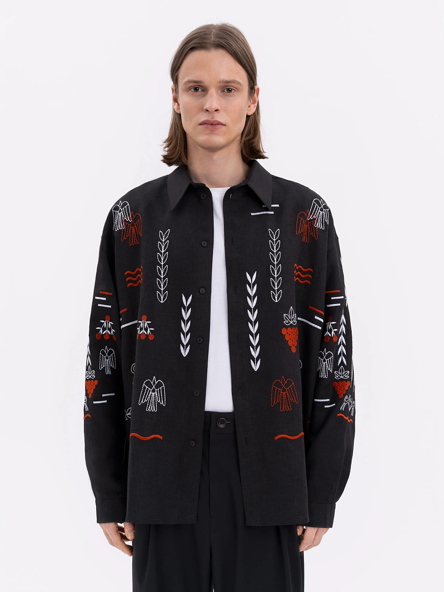 Beige linen embroidered shirt  MEN'S SLOVO — Black