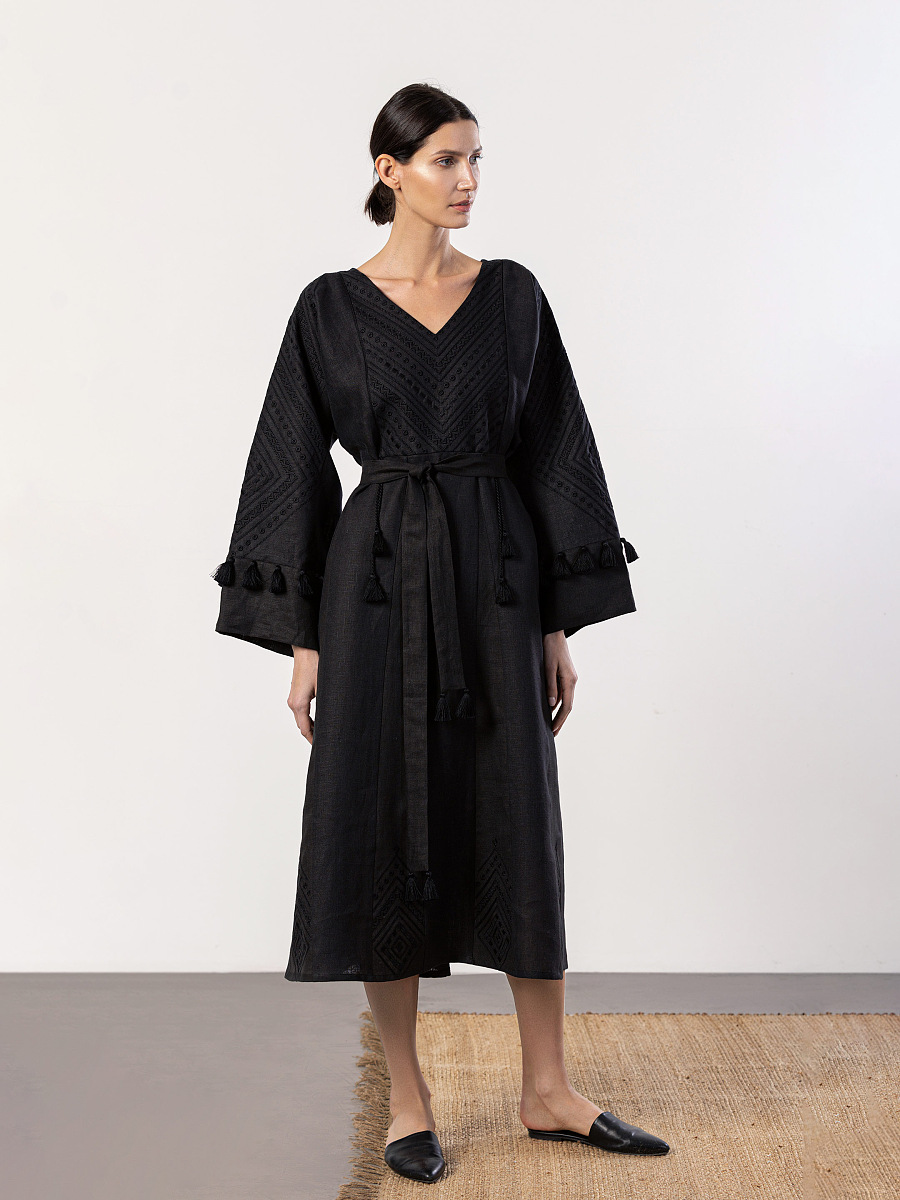 Linen black dress with embroidery in tone Raven [0]