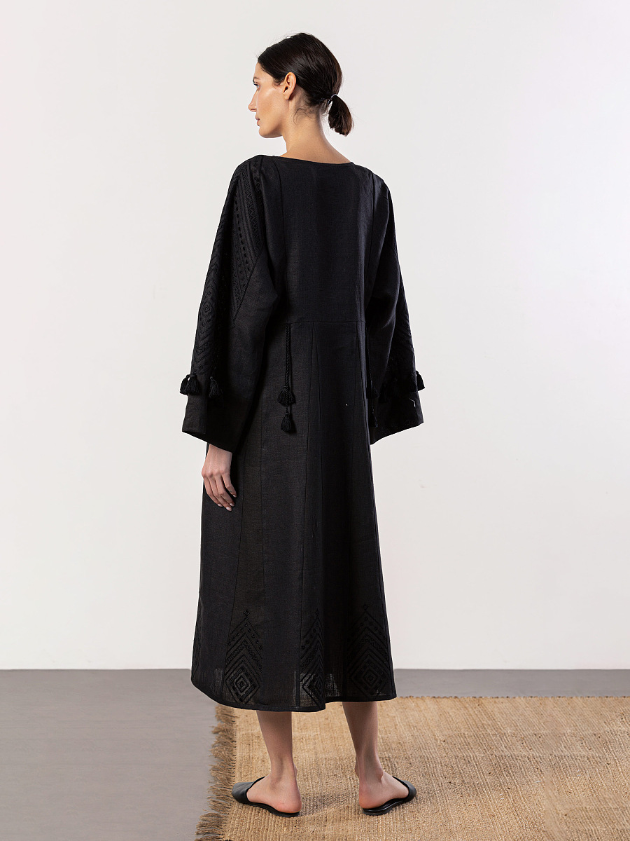 Linen black dress with embroidery in tone Raven [0]