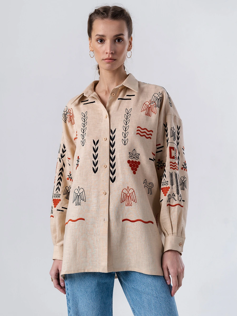 Black linen embroidered shirt SLOVO BLACK — Creamy