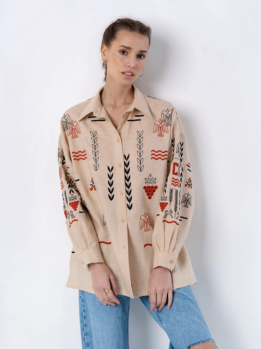 Black linen embroidered shirt SLOVO BLACK — Creamy