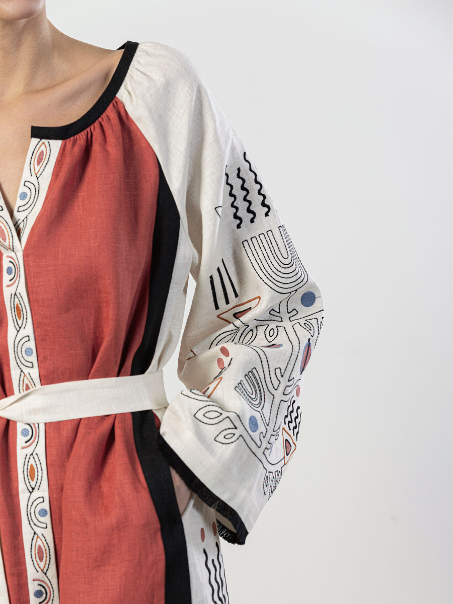 Long linen embroidered dress Cometa Red [0]
