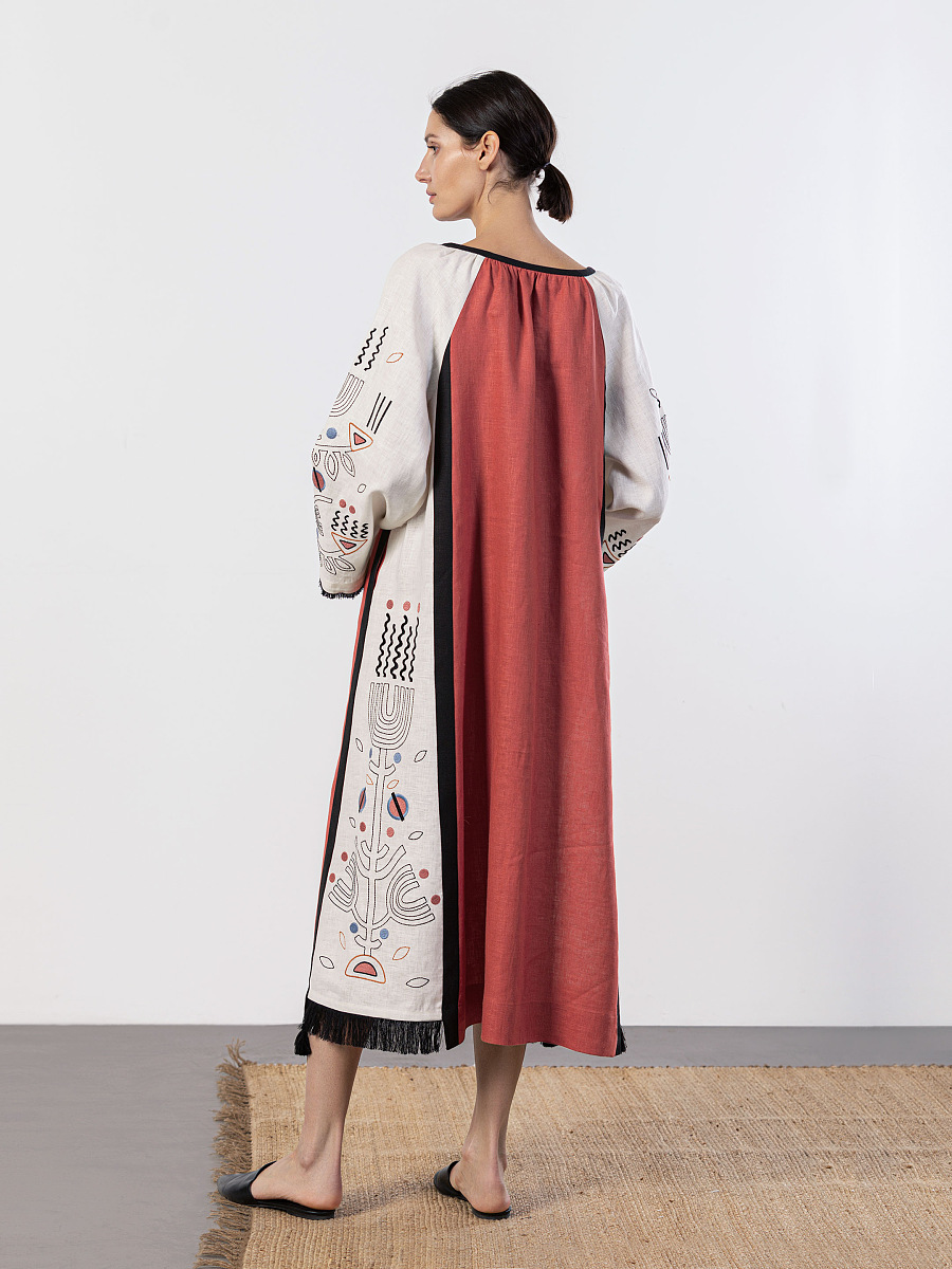 Long linen embroidered dress Cometa Red [0]