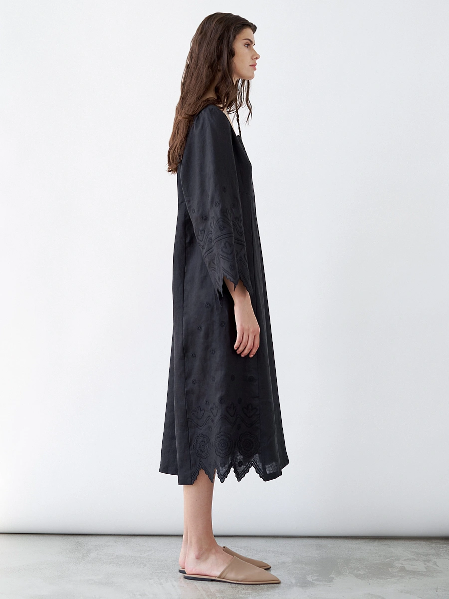 Beige linen dress with embroidery Nizhnist — Black