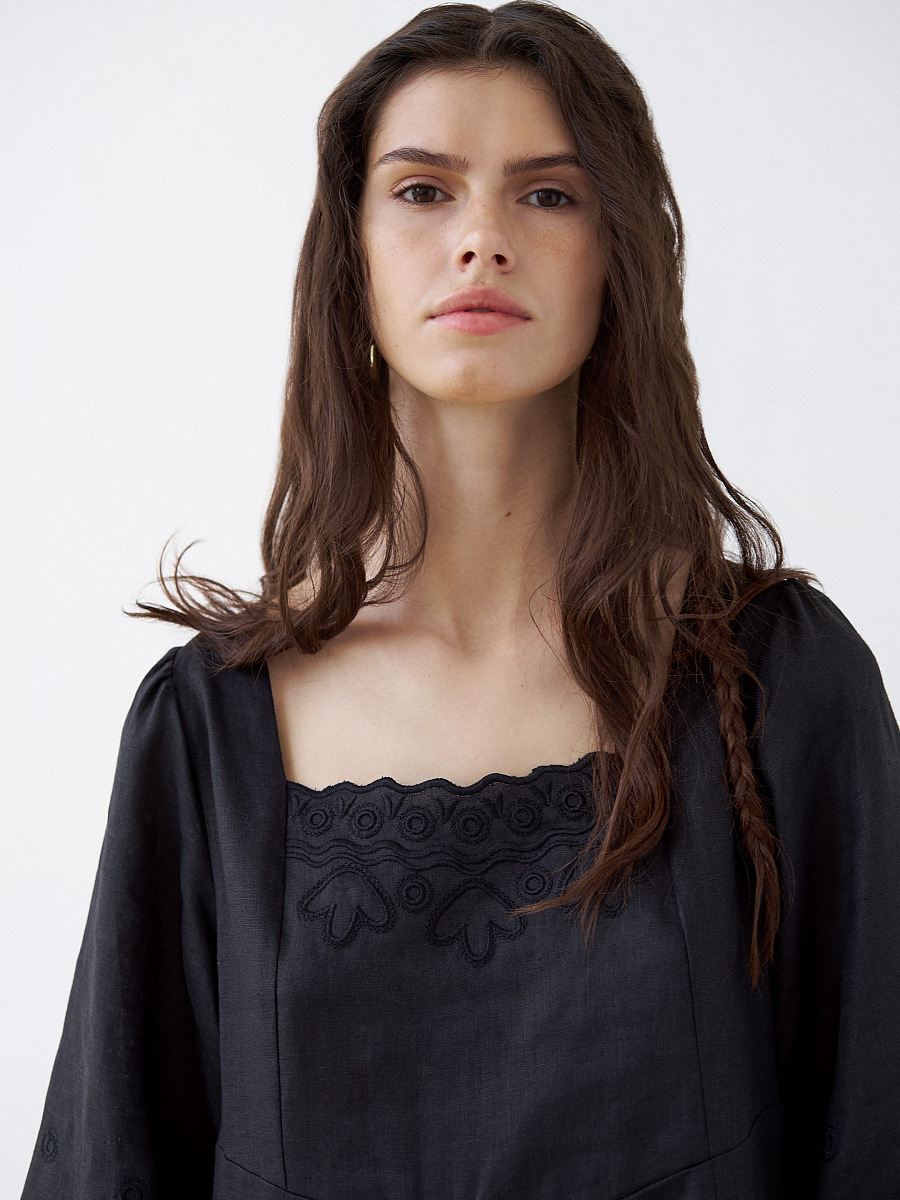 Black linen embroidered dress Grace Black [0]