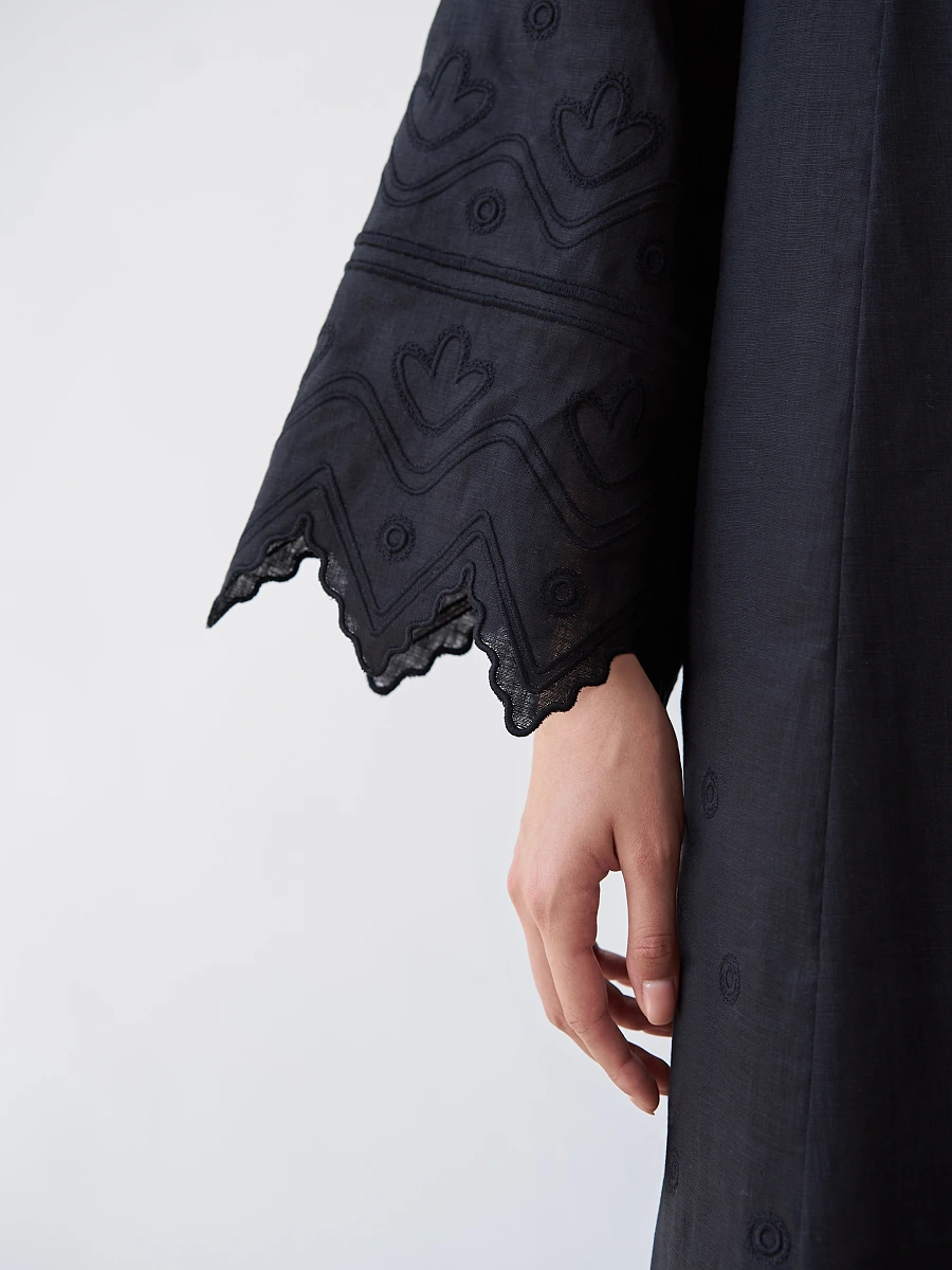 Beige linen dress with embroidery Nizhnist — Black