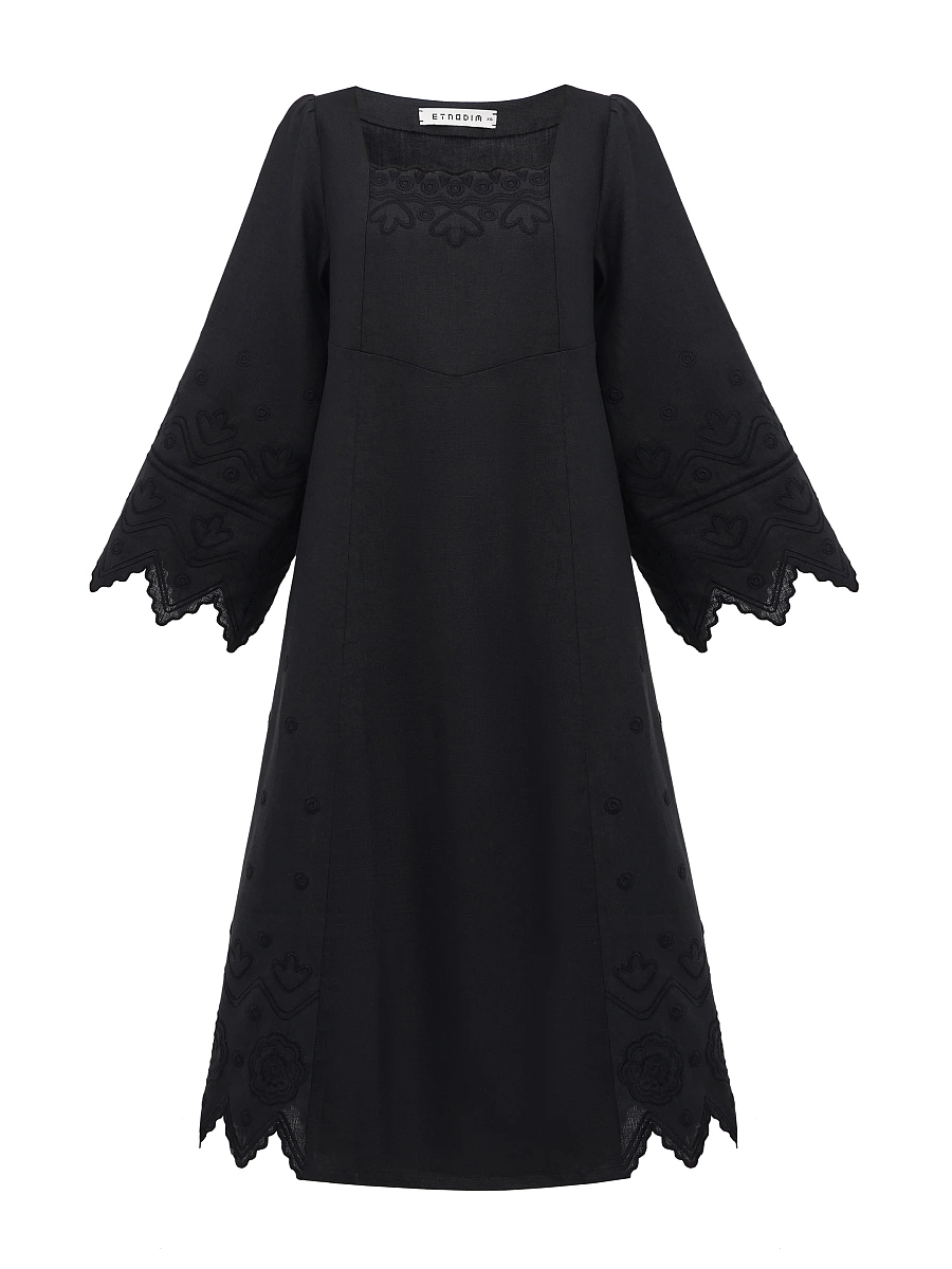Beige linen dress with embroidery Nizhnist — Black