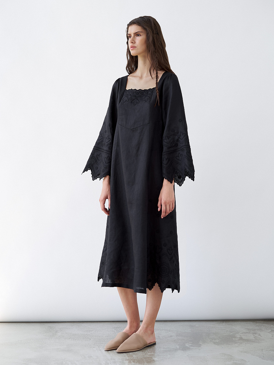 Black linen embroidered dress Grace Black [0]