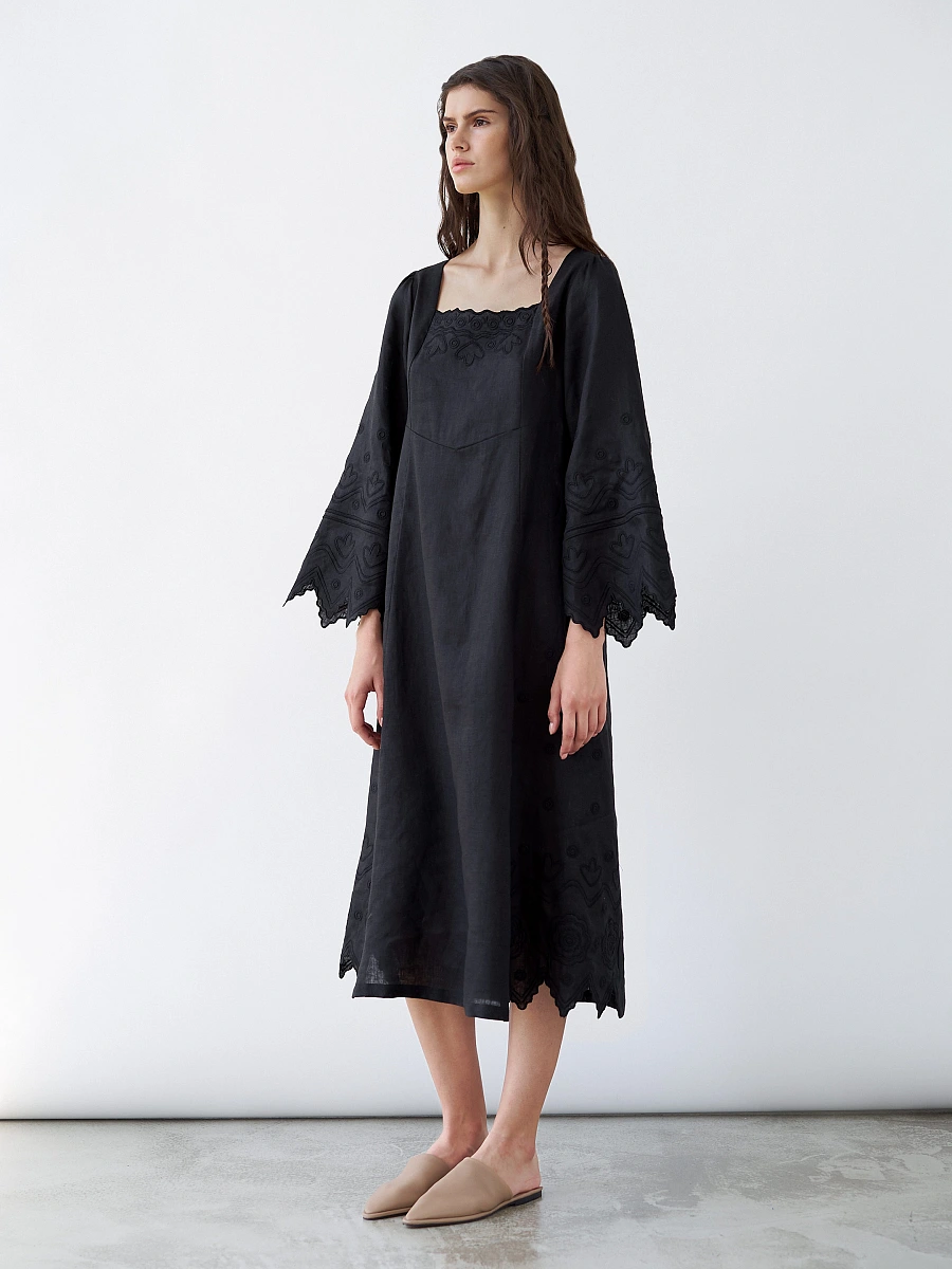 Beige linen dress with embroidery Nizhnist — Black