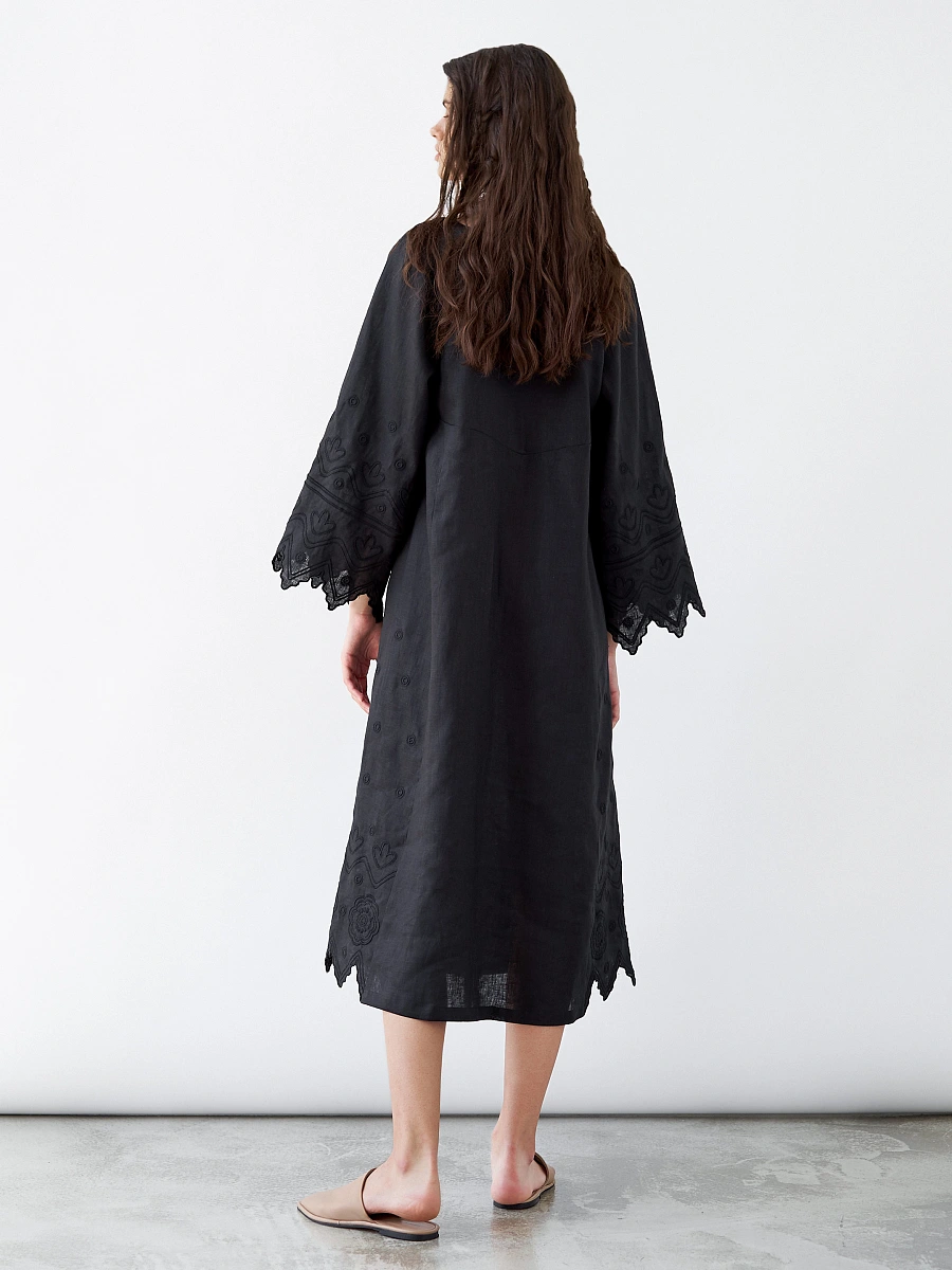 Beige linen dress with embroidery Nizhnist — Black
