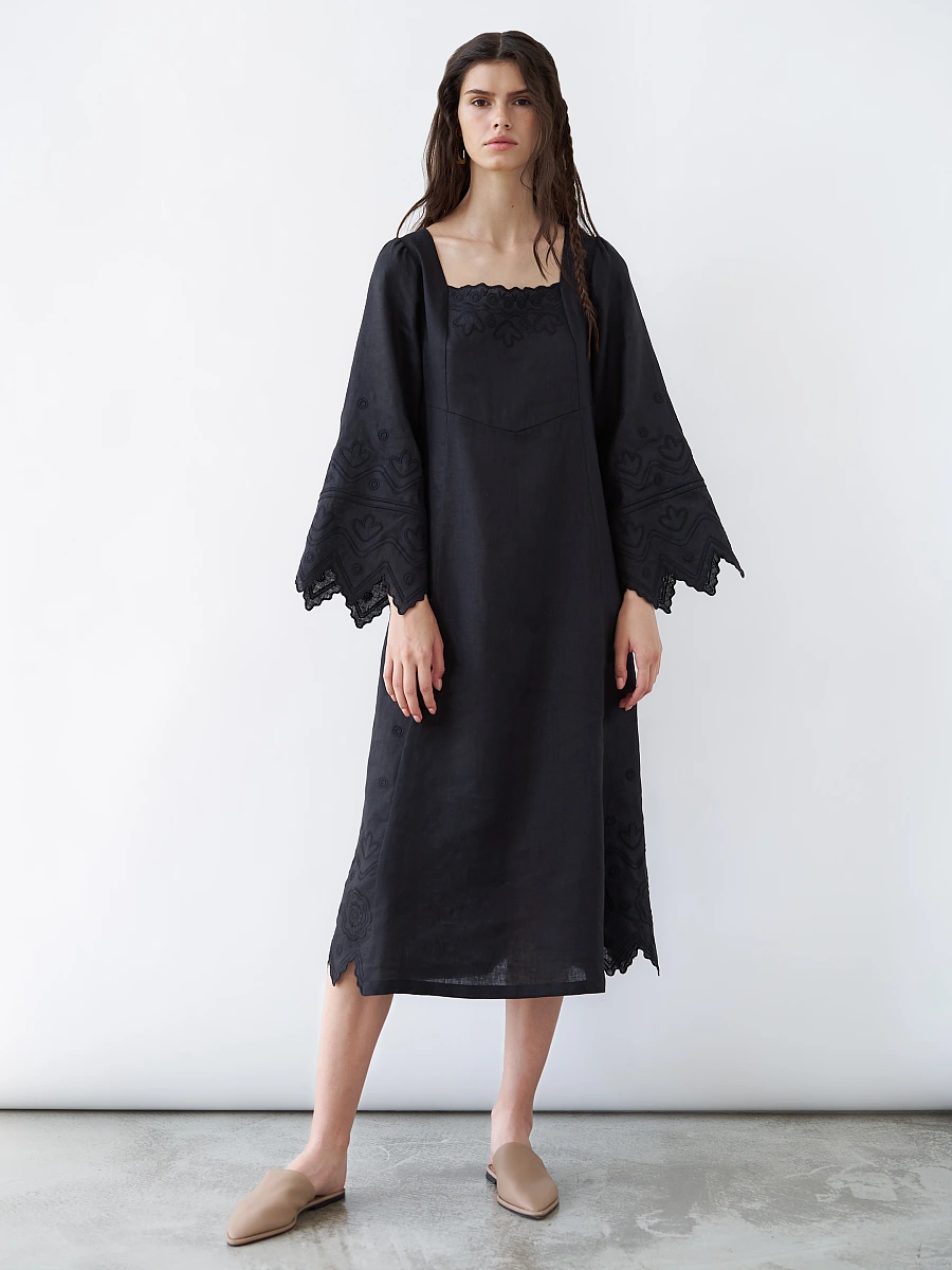 Beige linen dress with embroidery Nizhnist — Black