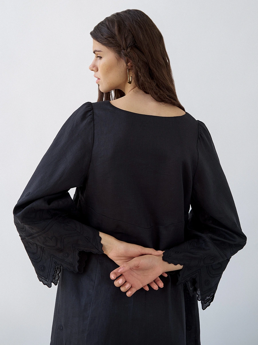Beige linen dress with embroidery Nizhnist — Black
