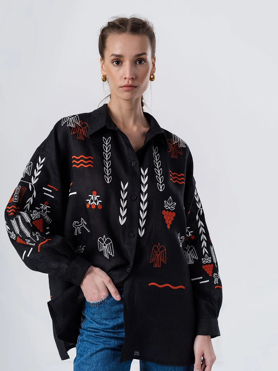 Beige linen embroidered shirt SLOVO — Black