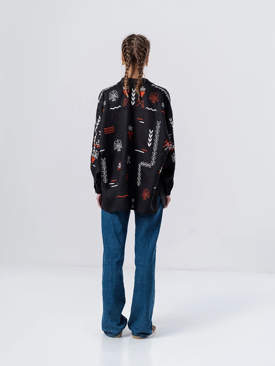 Beige linen embroidered shirt SLOVO — Black