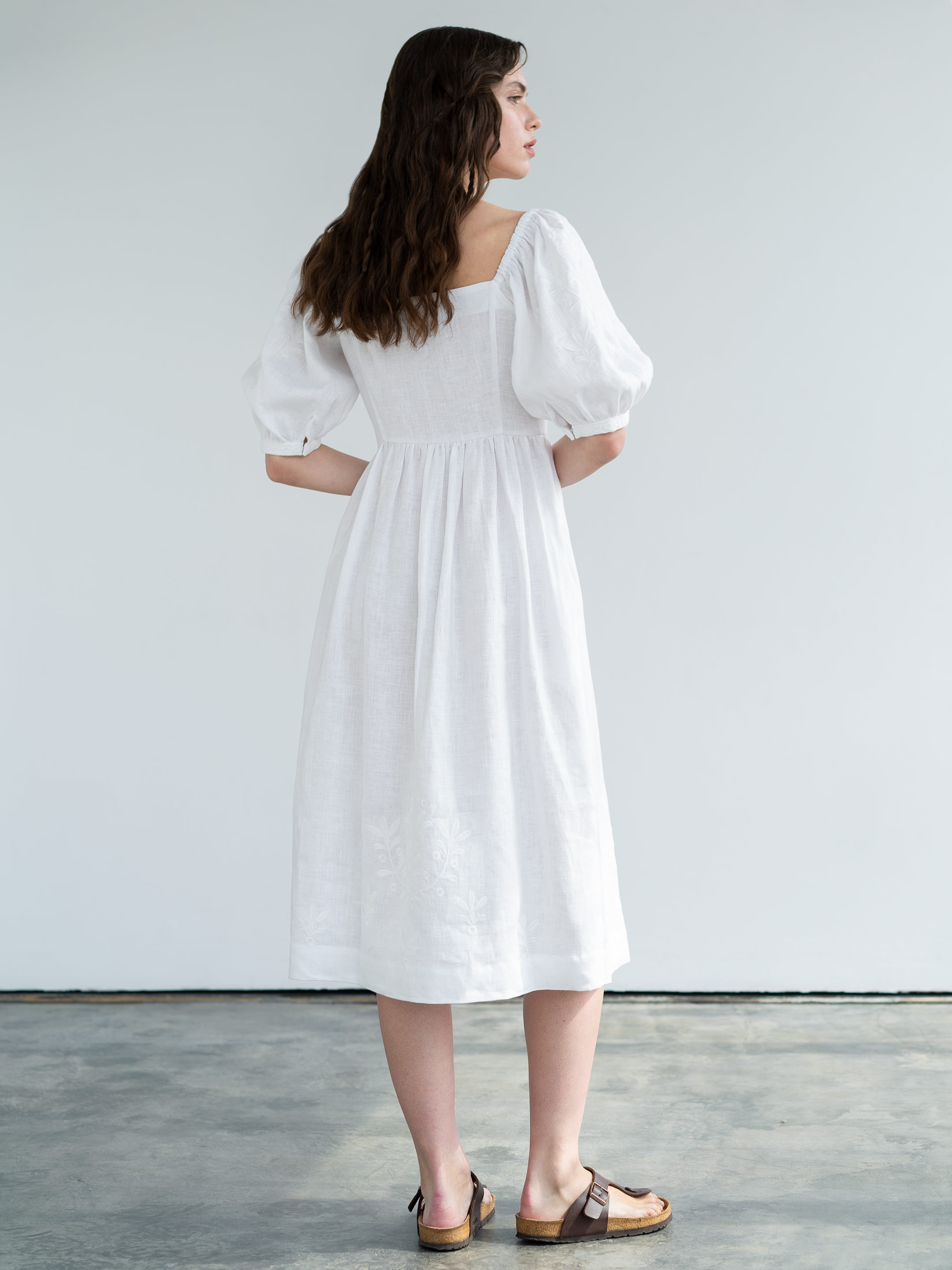 White linen dress with with embroidery in tone Magnolia in Ukraine