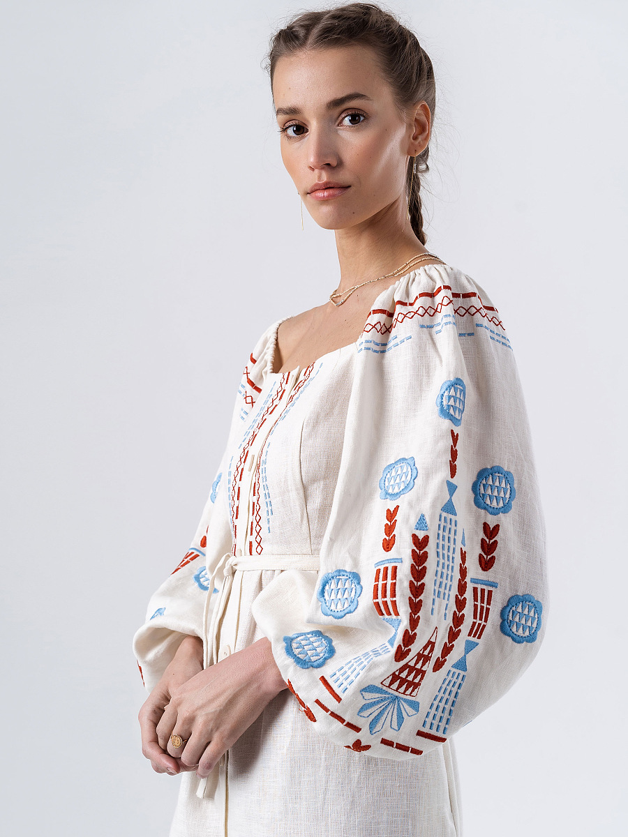 Linen embroidered dress with milk color MOZAIKA [0]