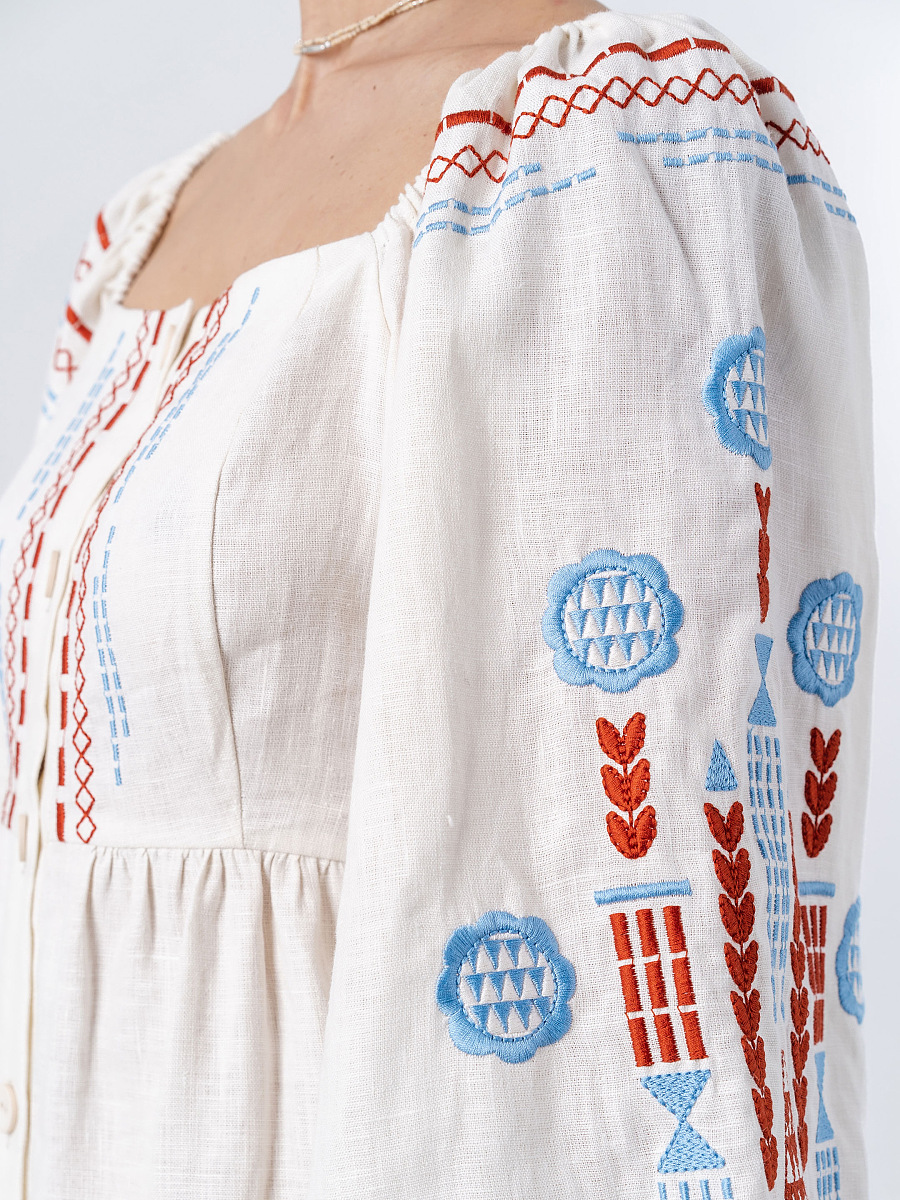 Linen embroidered dress with milk color MOZAIKA [0]