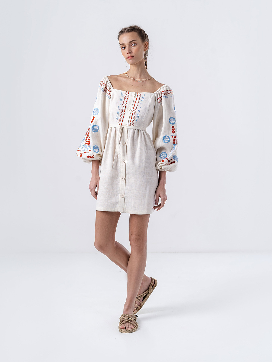 Linen embroidered dress with milk color MOZAIKA [0]