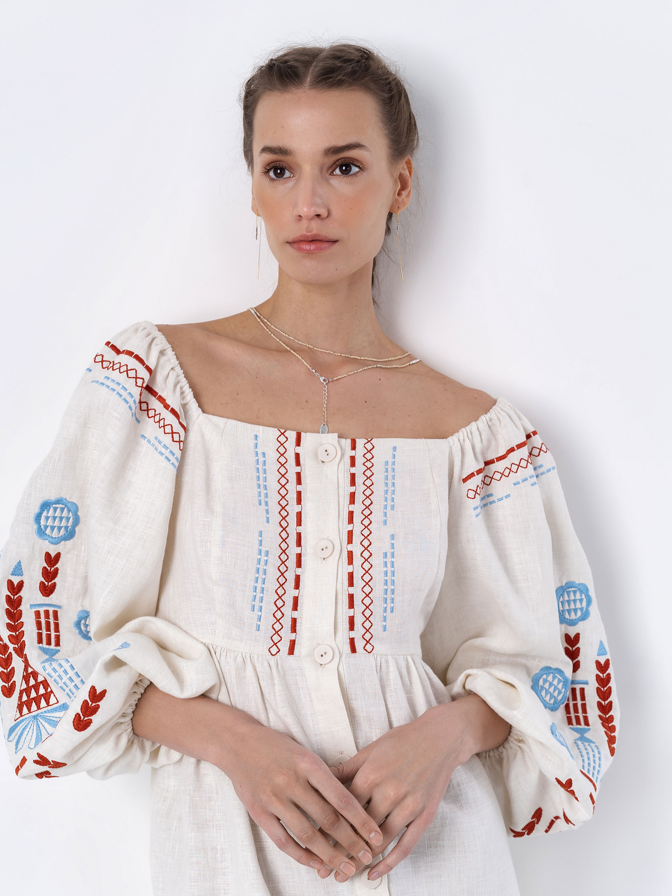 Linen embroidered dress with milk color MOZAIKA choose