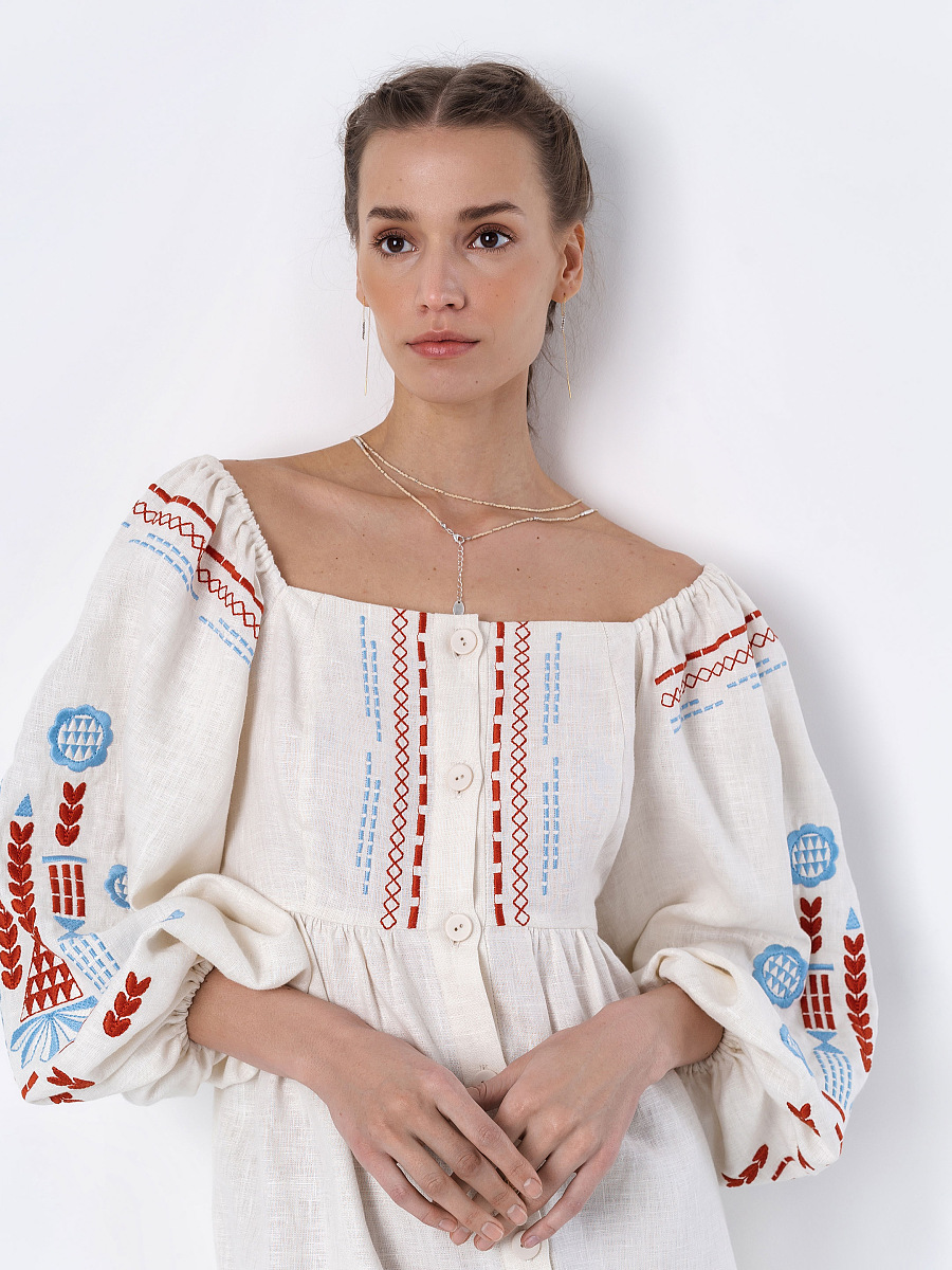 Linen embroidered dress with milk color MOZAIKA [0]