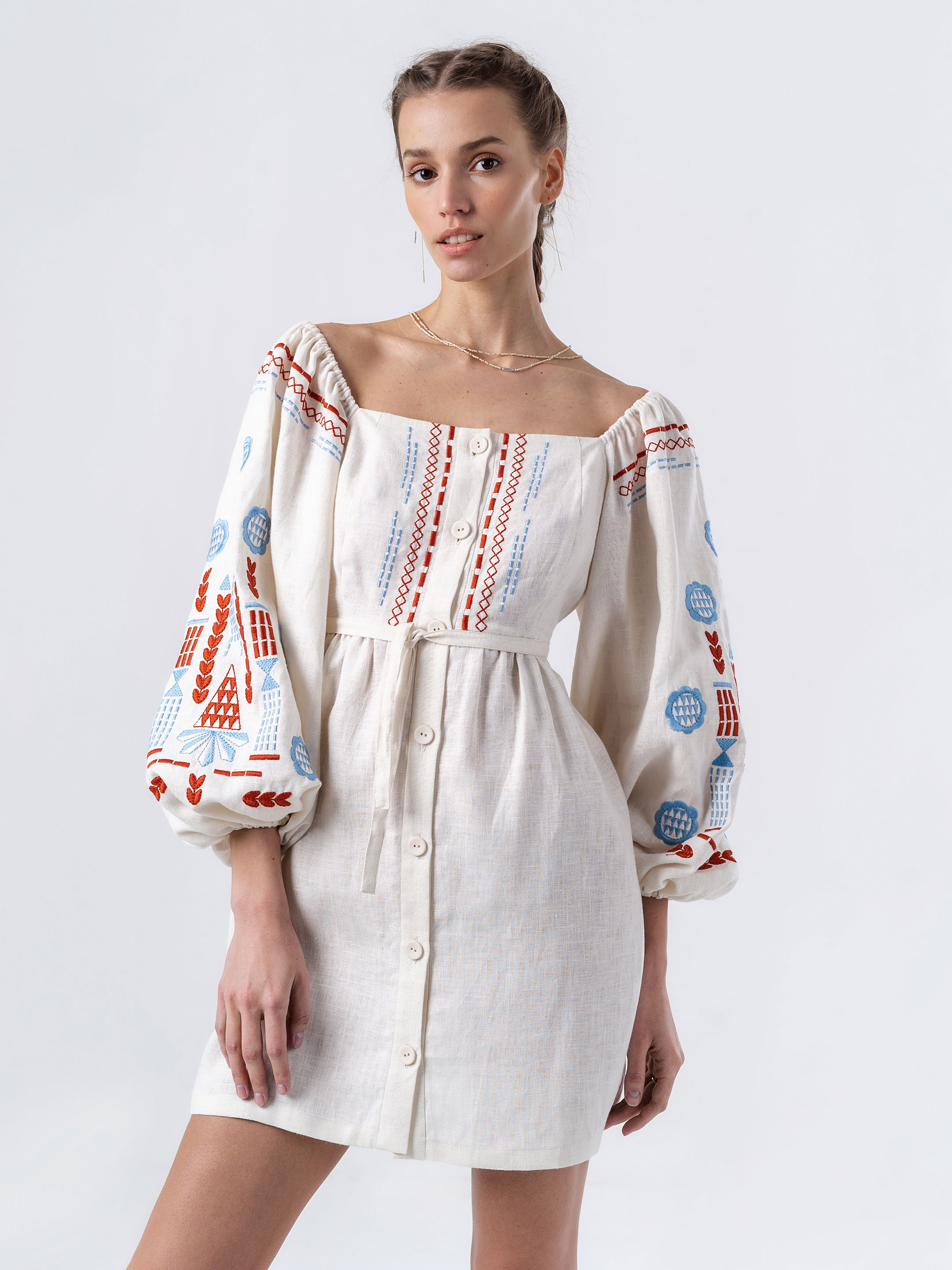 Linen embroidered dress with milk color MOZAIKA fitting