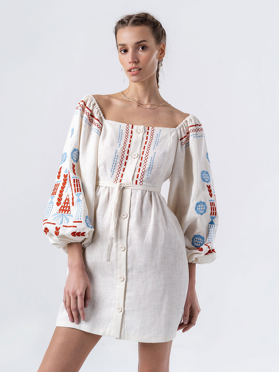 Linen embroidered dress with milk color MOZAIKA [0]