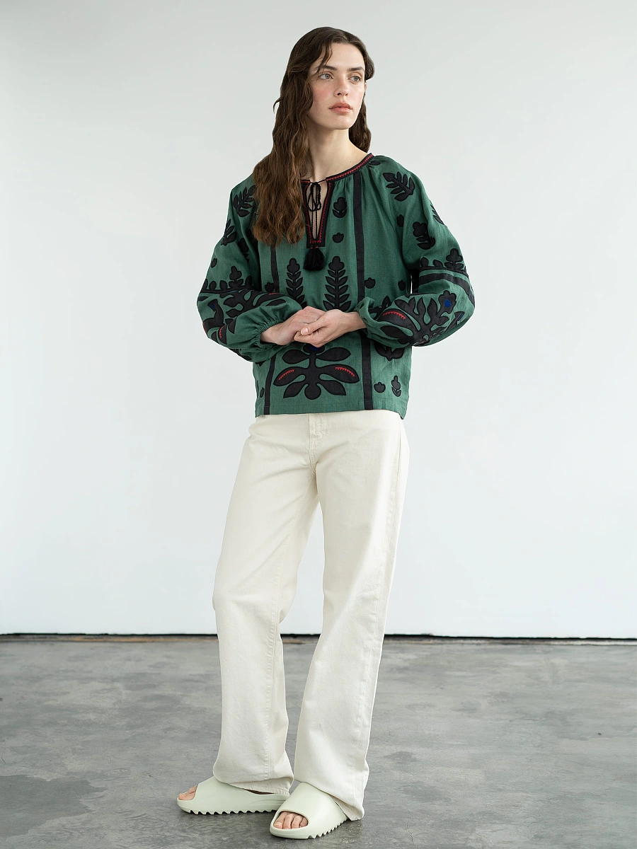 Linen embroidered shirt Korchynskyi Beige — Green