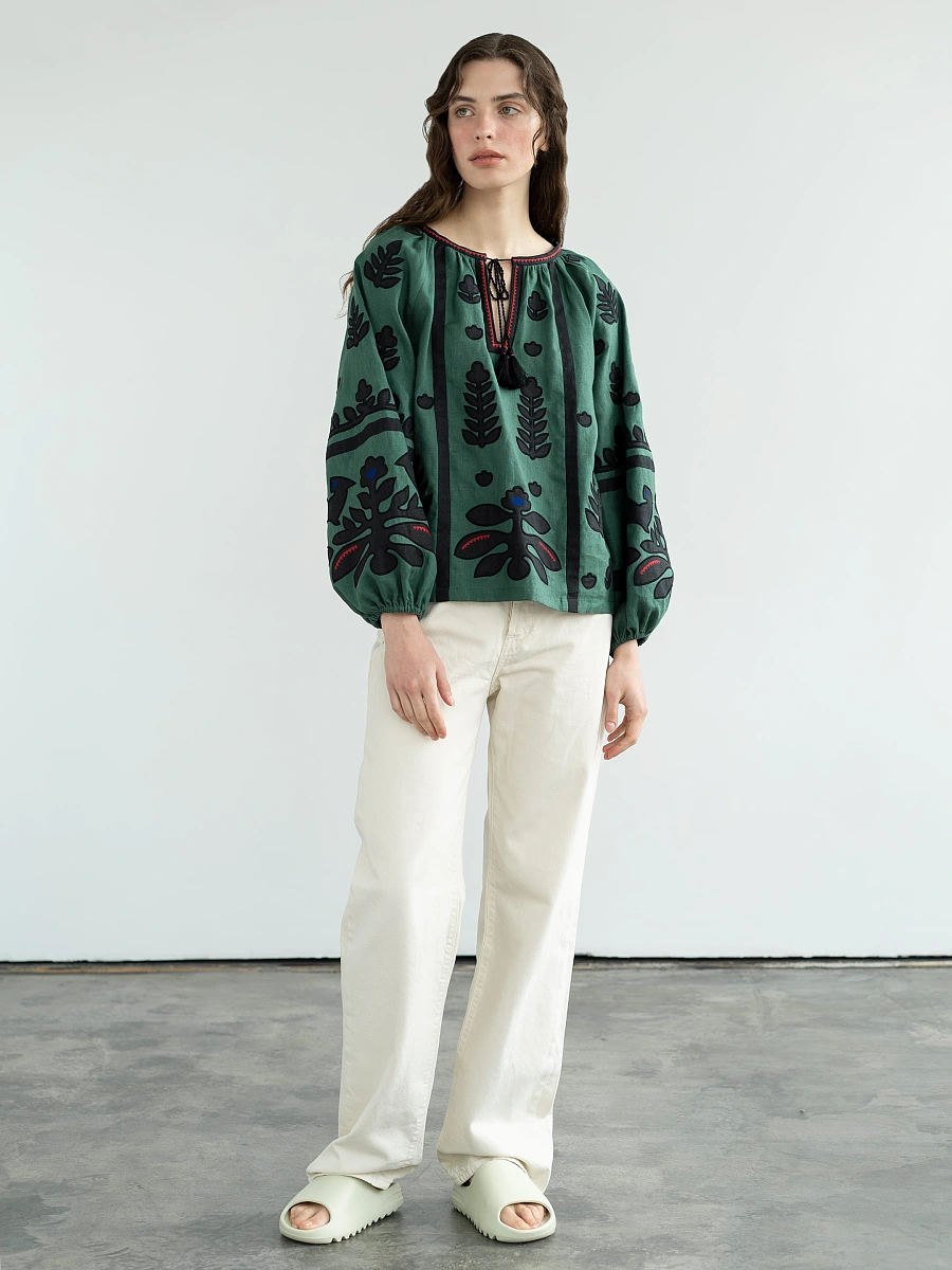 Linen embroidered shirt Korchynskyi Beige — Green