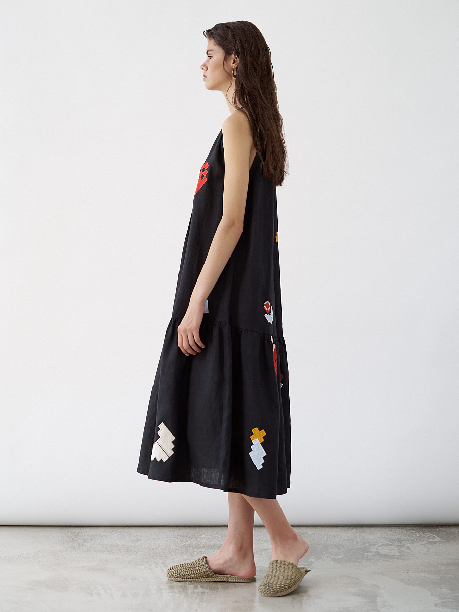 Linen sundress with applique Eva Summer Black [0]
