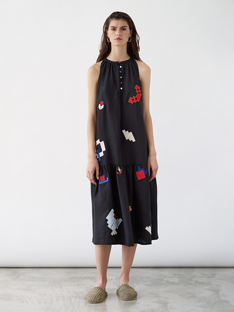 Linen sundress with applique Eva Summer Black [0]