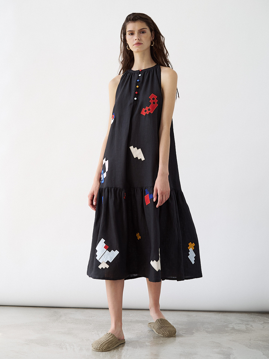 Linen sundress with applique Eva Summer Black [0]