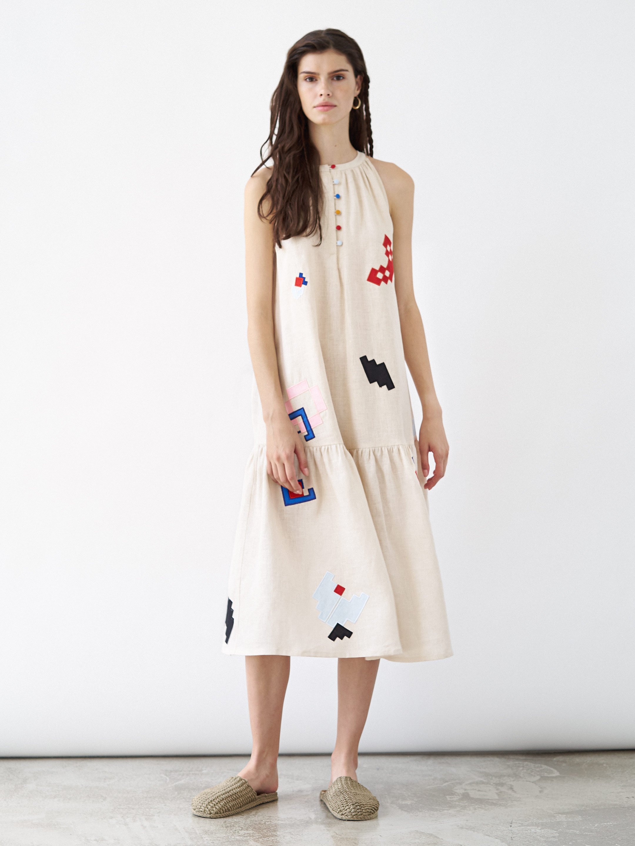 Linen sundress with applique Eva Summer fitting