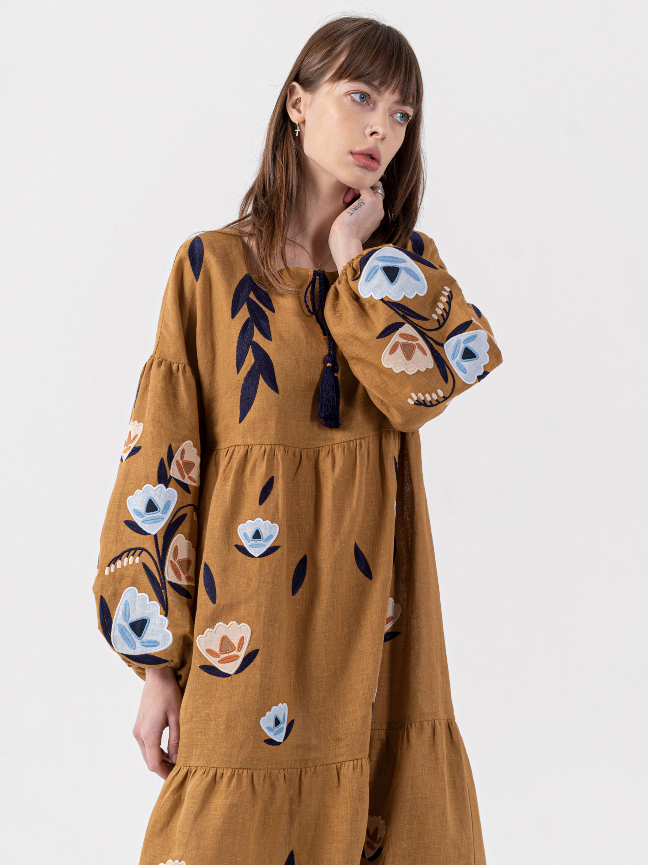 Linen dress with embroidery Kazka Brown cheap