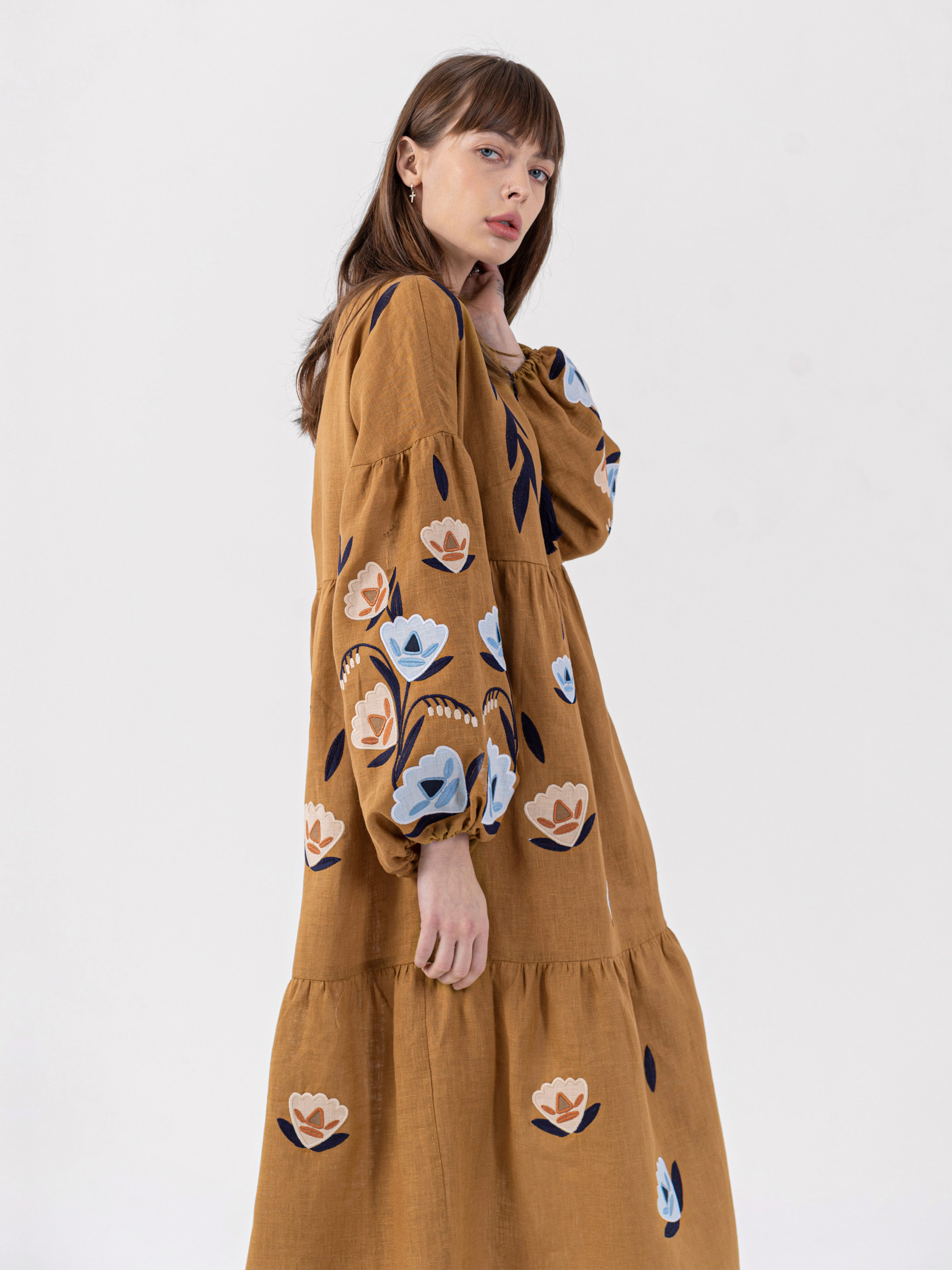 Linen dress with embroidery Kazka Brown ціна