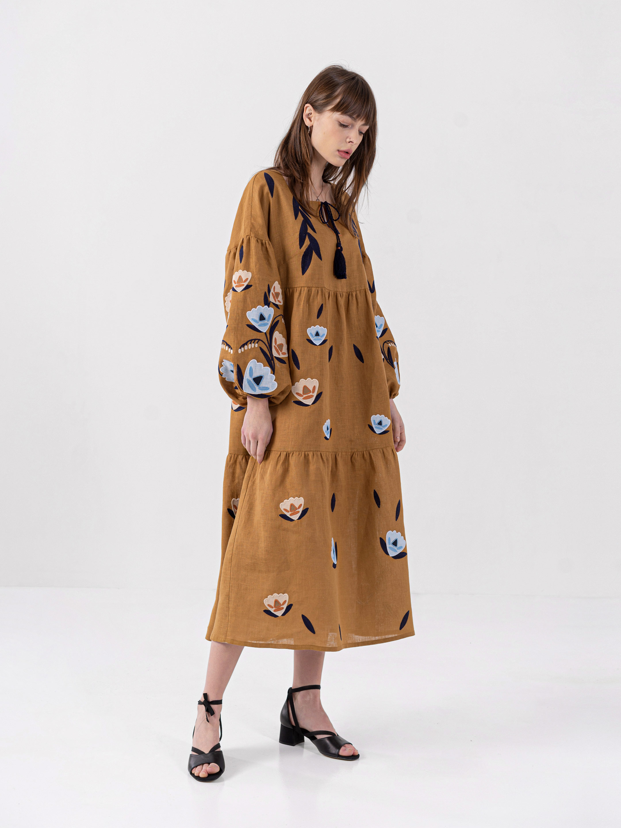 Linen dress with embroidery Kazka Brown choose