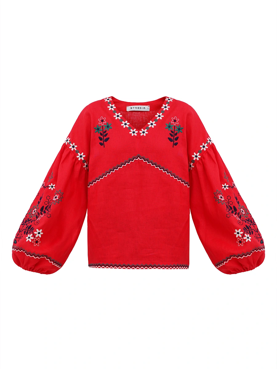 Linen blouse with floral embroidery Obriy — Red