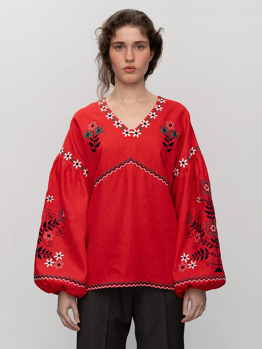Linen blouse with floral embroidery Obriy — Red