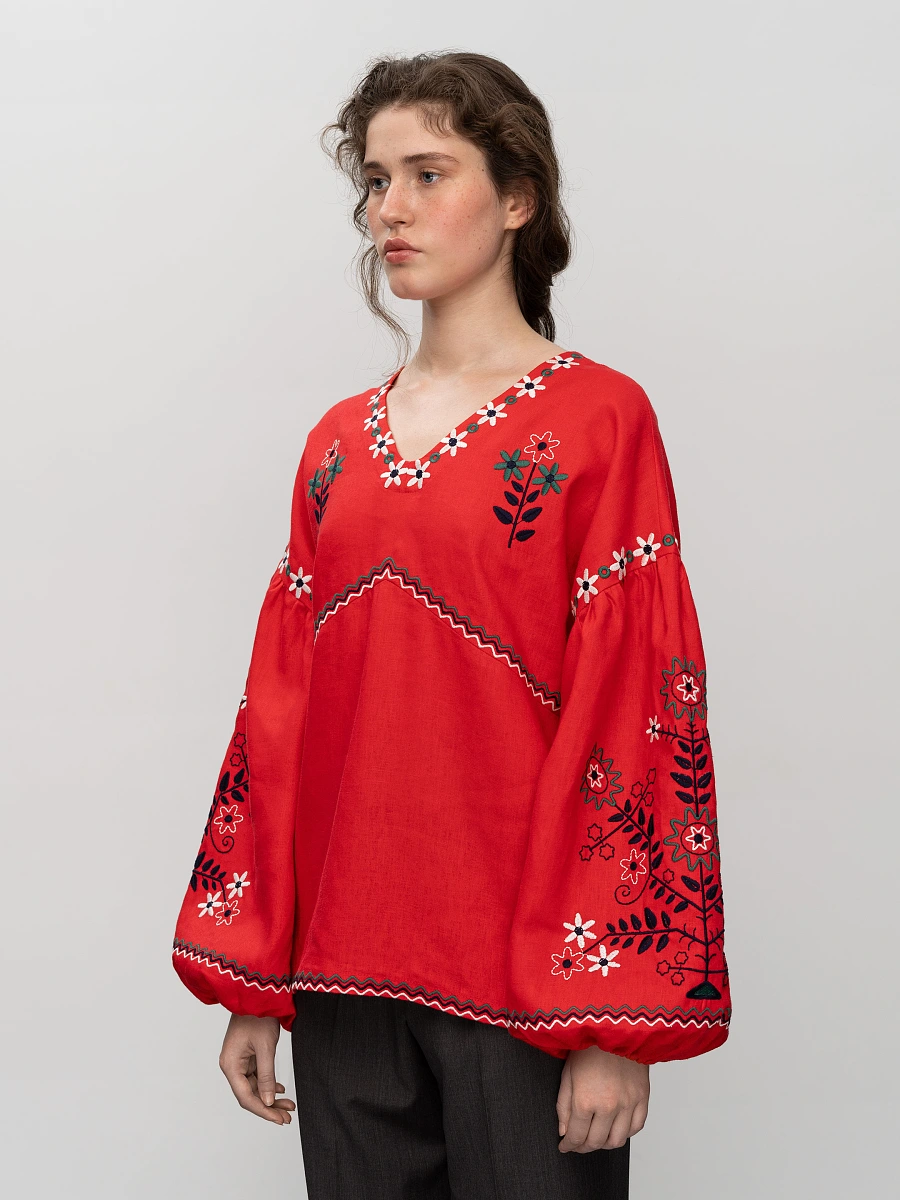 Linen blouse with floral embroidery Obriy — Red