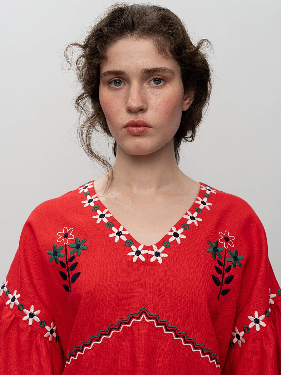 Linen blouse with floral embroidery Obriy — Red