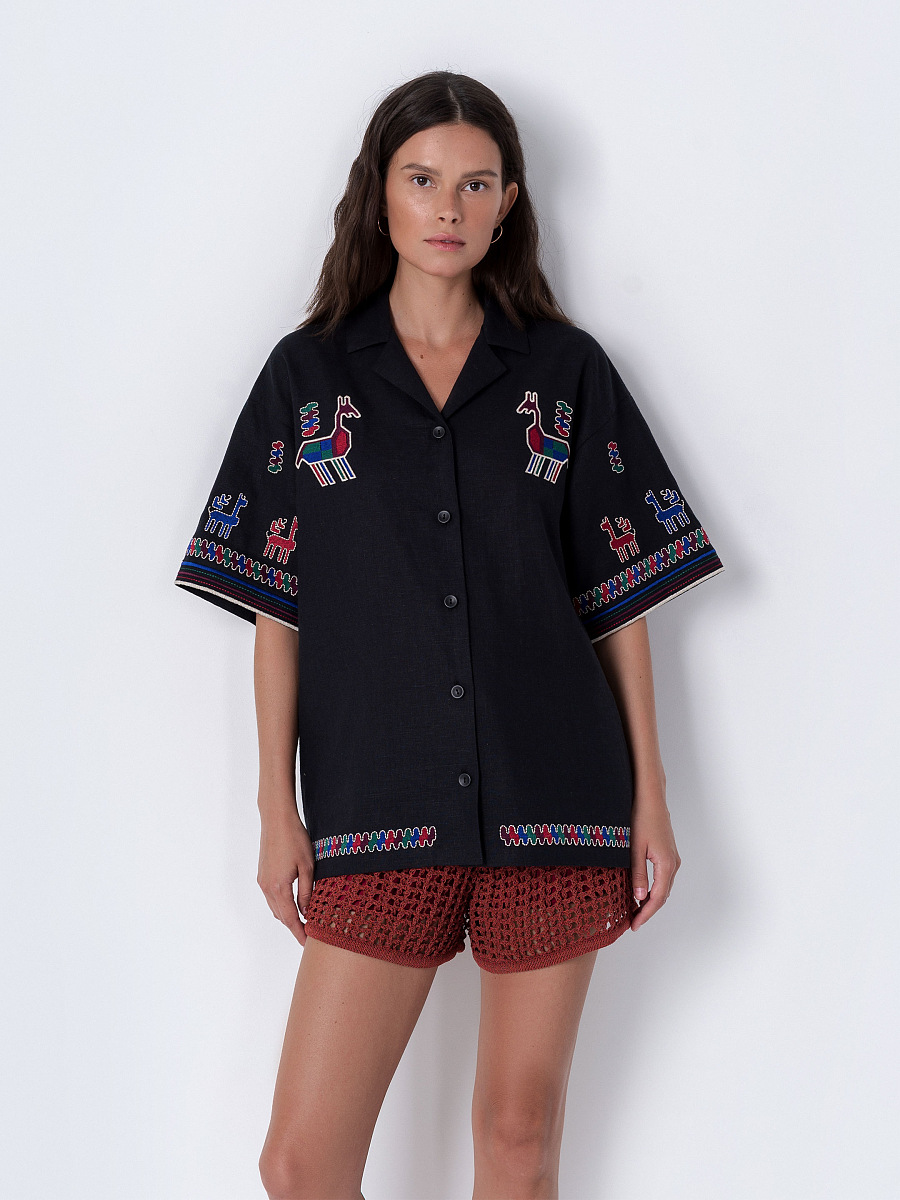 Linen shirt with short sleeves and embroidery Konyk dark [0]