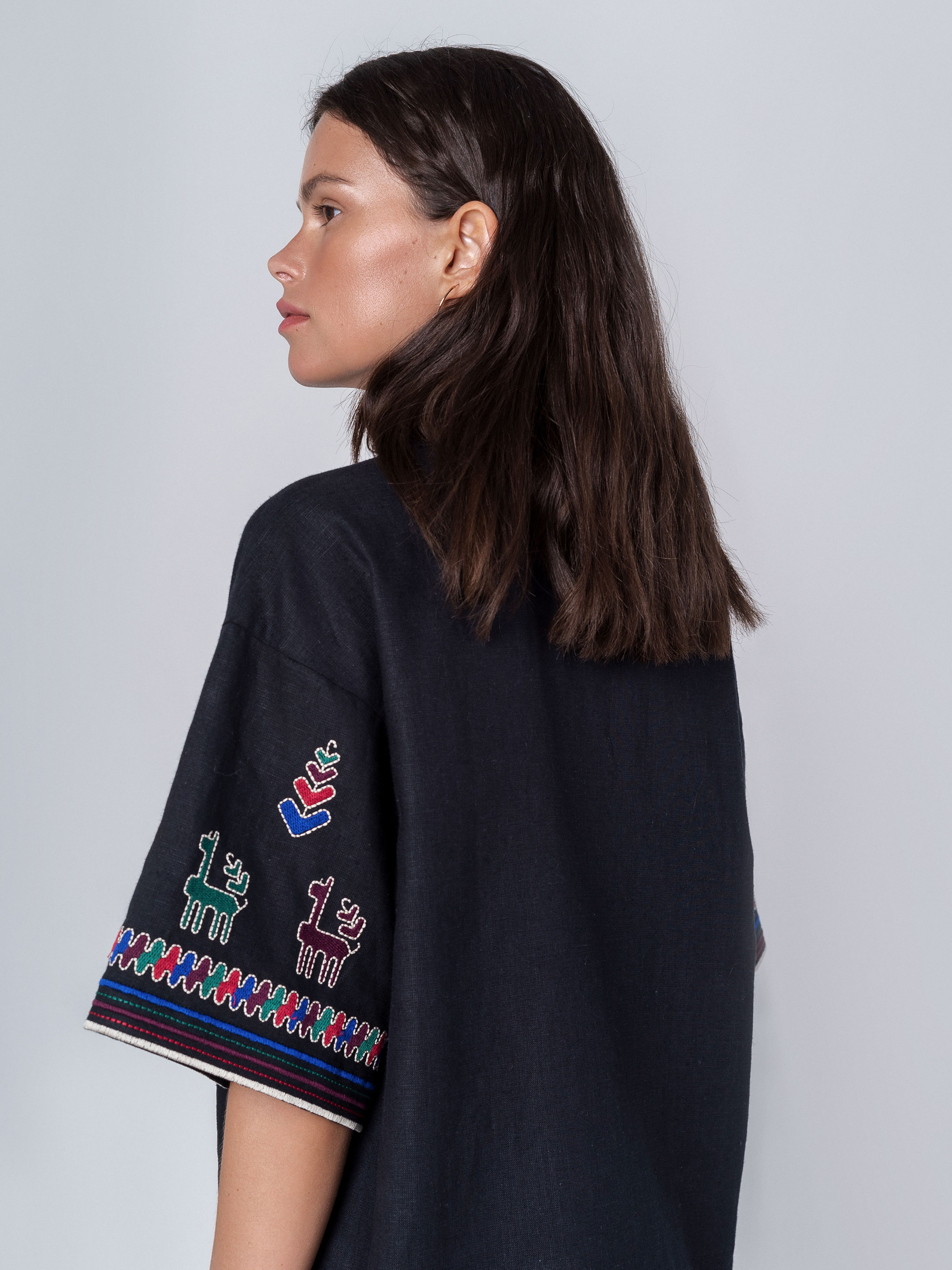 Linen shirt with short sleeves and embroidery Konyk dark ціна