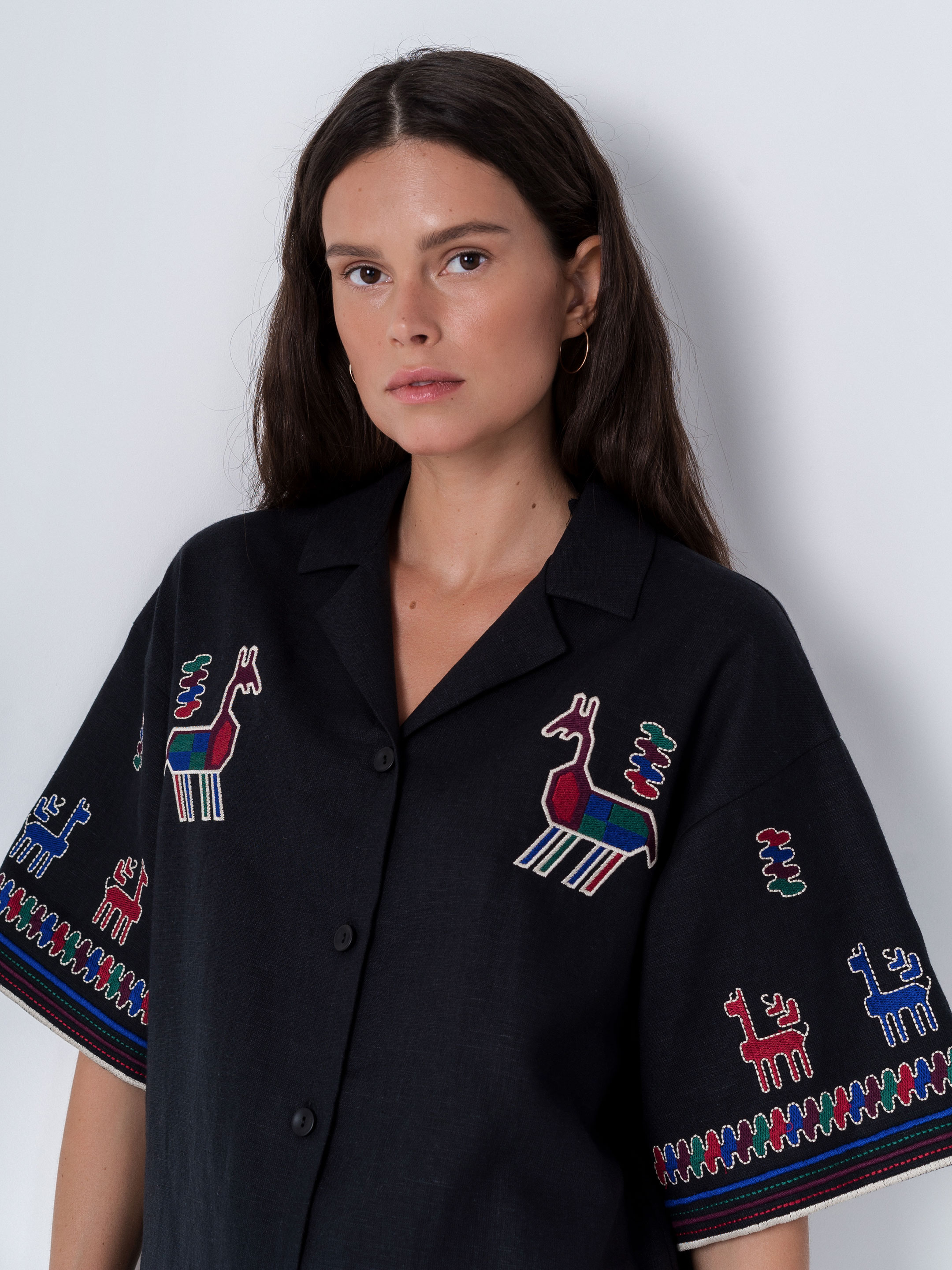 Linen shirt with short sleeves and embroidery Konyk dark cheap