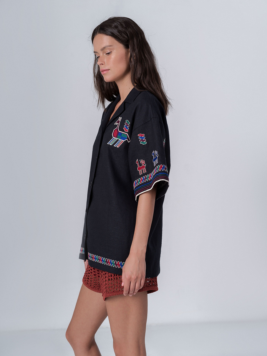 Linen shirt with short sleeves and embroidery Konyk dark [0]