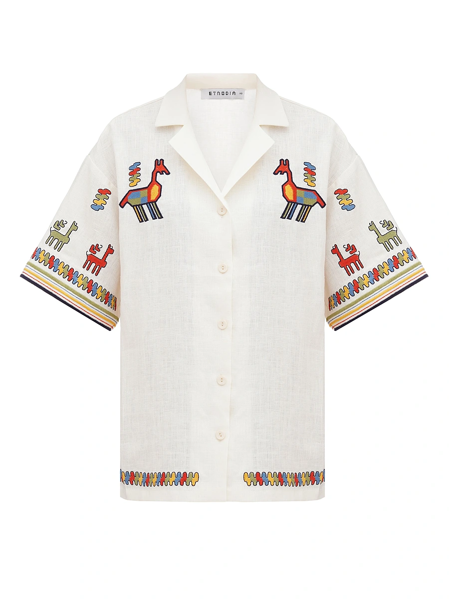 Linen shirt with short sleeves and embroidery Konyk dark — Creamy